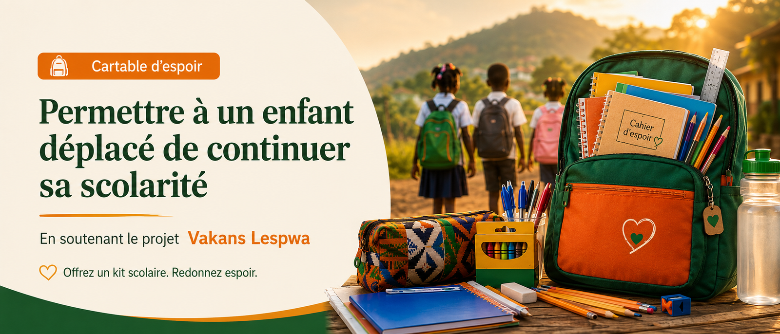 Cartable d'espoir — permettre à un enfant déplacé de continuer sa scolarité · Projet Vakans Lespwa de l'ICCI